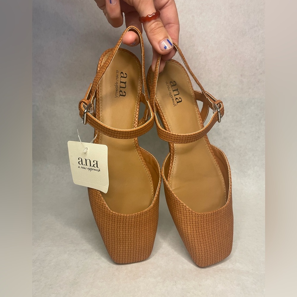 A.n.a Woven Square Toe Ballet Flats with Ankle Straps Brown / Tan